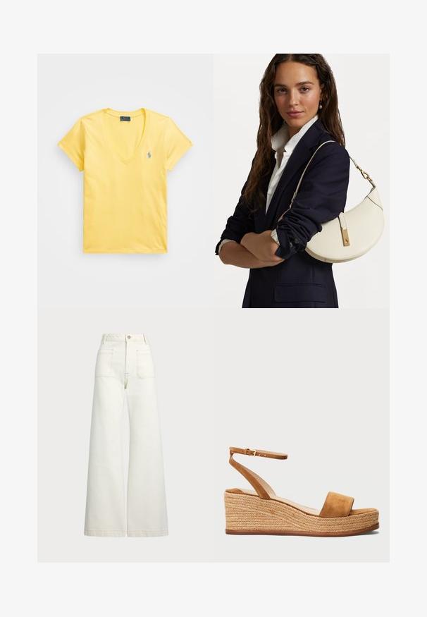 Polo Ralph Lauren COTTON JERSEY V-NECK T-SHIRT - Pamata T-krekls - corn yellow; Platās kājas džinsi off-white denima. Augsta jostasvieta ar pogu aizdari, divas priekšējās kabatas un kontrastējošas šuvju detaļas.; Brūni zamša sūkļu zābaki ar platu pirkstu siksnu, regulējamu potītes siksnu un austo jutu platformu. Līdzena zole ar teksturētu apdari.; Balta ādas rokassoma ar izliekumu formu, zelta furnitūru un teksturētu apdari, valkāta pāri tumšam žaketam un baltai krekla.