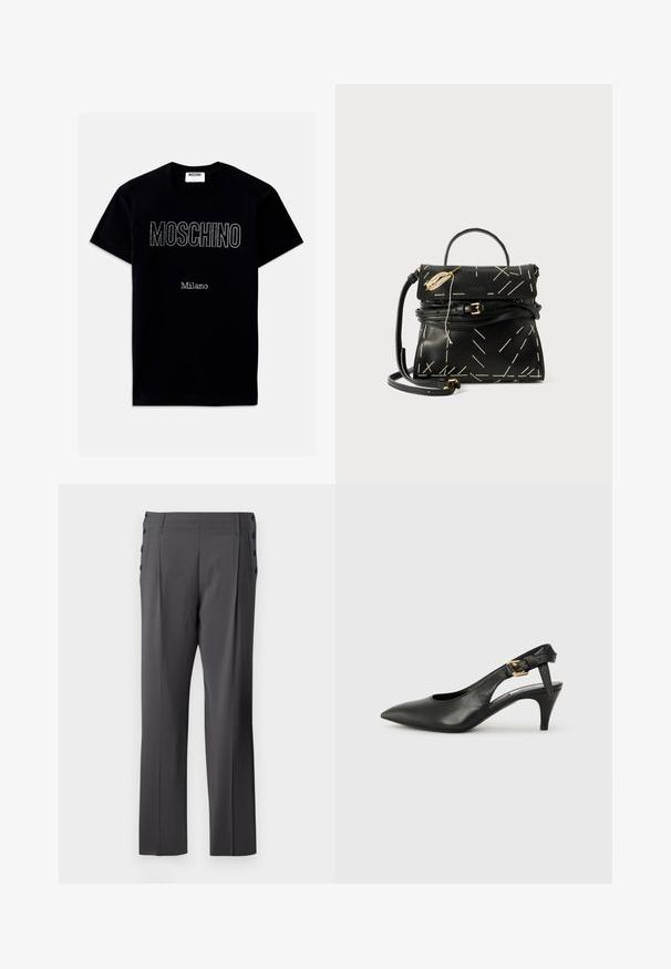 Czarny bawełniany T-shirt z napisem „MOSCHINO” ozdobionym cyrkoniami na wysokości klatki piersiowej oraz mniejszym napisem „Milano” poniżej. Klasyczny krój z okrągłym dekoltem.; Szare eleganckie spodnie o prostym kroju, z fałdami z przodu i dekoracyjnymi guzikami po bokach dla dodatkowego efektu. Gładka faktura materiału.; Czarne skórzane szpilki slingback z ostrym noskiem, małym obcasem i zapięciem na klamrę przy pasku kostki. Gładka tekstura, minimalistyczny design.; Czarna skórzana torebka z geometrycznym białym przeszyciem, z górnym uchwytem i odczepianym paskiem na ramię. Posiada złote akcenty i zamek błyskawiczny.
