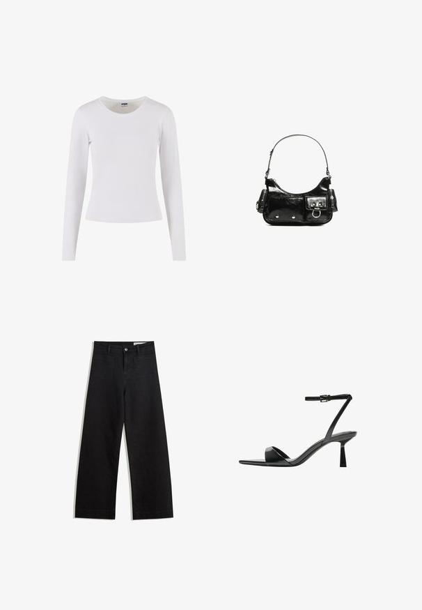 Long-sleeve white T-shirt made from soft cotton, featuring a crew neckline and a fitted silhouette without any patterns or accents.; Black wide-leg denim pants with a high waist, featuring front and back pockets, stitched seams, and a button closure. Smooth texture.; Bershka High heeled sandals - black; Black patent leather handbag with a curved shape, one shoulder strap, front pockets, and silver-tone hardware accents.