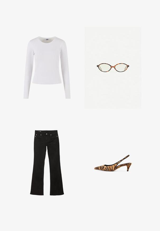 Long-sleeve white T-shirt made from soft cotton, featuring a crew neckline and a fitted silhouette without any patterns or accents.; Black flared jeans with a smooth texture, featuring copper-tone metal hardware and traditional five-pocket design.; Pointed-toe slingback shoe in orange and black tiger print fabric, with a slender heel and an open back design for breathability.; Tortoiseshell eyeglasses with oval lenses and a sleek, smooth finish. Features thin sides with a subtle curve at the temples. Clear lenses.
