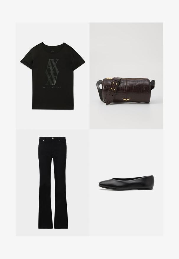 T-shirt de algodão preta com mangas curtas. Apresenta uma grande impressão brilhante de "AX" e "Armani Exchange" em cores contrastantes no centro.; Calças pretas de ganga em corte flare, com dois bolsos frontais, fecho com botão e uma textura suave. Costura característica visível nas costuras.; Paul Smith TOPANGA - Sabrinas - black; Bolsa de couro com textura de crocodilo na cor marrom, com forma cilíndrica, metalizações em tom dourado e uma alça destacável com tachas.