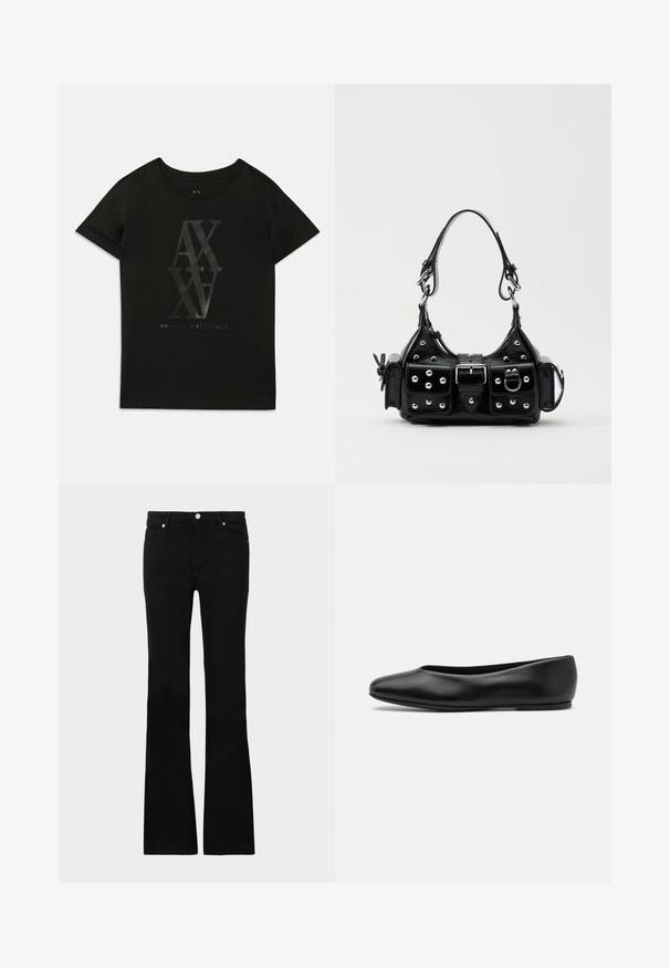 Zwarte katoenen t-shirt met korte mouwen. Bevat een grote glanzende print van "AX" en "Armani Exchange" in contrasterende kleuren in het midden.; Zwarte flared jeans van denim, met twee voorzakken, een knoopsluiting en een gladde textuur. Kenmerkende stiksels zichtbaar bij de naden.; Paul Smith TOPANGA - Ballerina's - black; Zwarte lederen handtas met een gebogen ontwerp, voorzien van zilveren studs, een gesp en twee zijvakken. Verstelbare schouderband voor verschillende draagmogelijkheden.