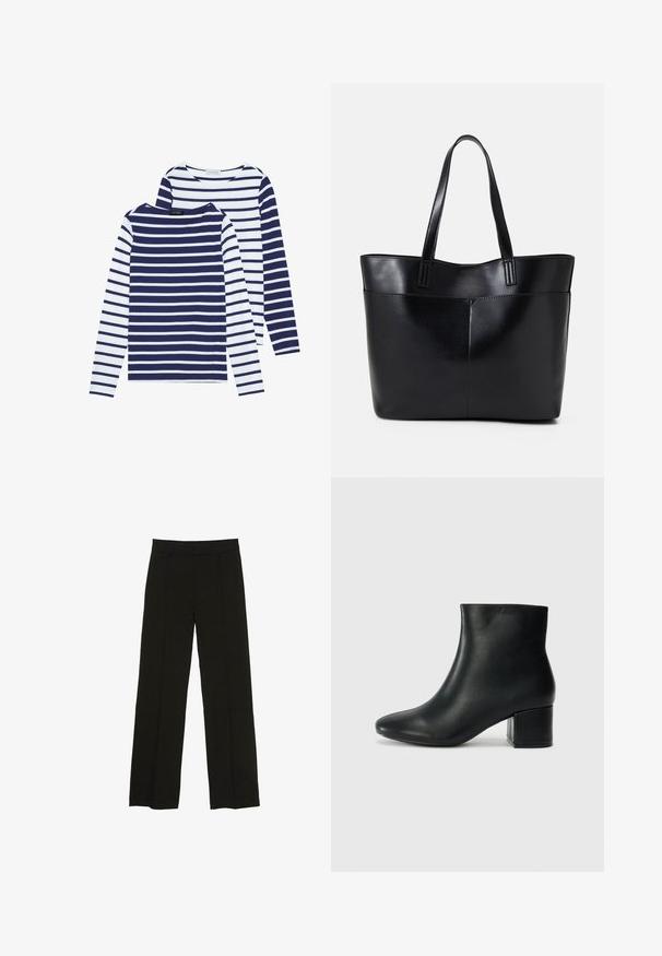 Dva dugosleeve, majice s okruglim izrezom: jedna u mornarsko plavim i bijelim prugama, a druga u bijeloj boji s mornarsko plavim prugama. Pamuk, ležeran dizajn.; Crne široke hlače izrađene od glatkog materijala, s uskim pojasom i suptilnim prednjim naborima za dodatnu teksturu.; Crne kožne čizme do članaka s uskim vrhom i debelim potplatom. Glatka tekstura s minimalnim detaljima i elegantan, prilagođen dizajn.; Crna kožna torba s dugim ručkama, glatkom teksturom i strukturiranim oblikom. Ima prednju džep za dodatno pohranu.