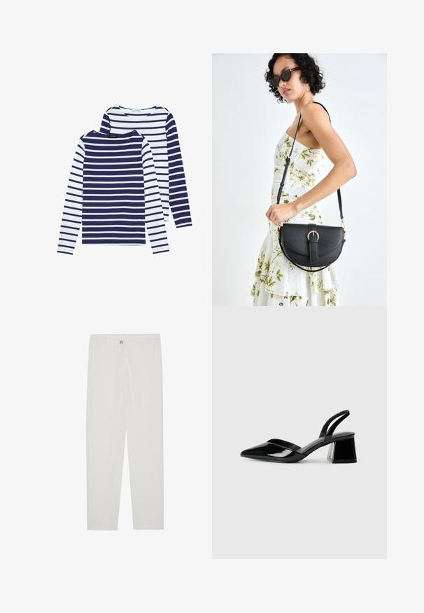 To langermede, rund-hals skjorter: en i marineblå og hvite striper, den andre i hvit med marineblå striper. Bomullsstoff, uformelt design.; Hvite, skreddersydde bukser med rette ben, med knapplukking, beltehemper og sidelommer; glatt tekstur.; Svarte patentlær slingback hæler med spiss tå og geometrisk blokk hæl. Har et stilrent, minimalistisk design og jevn tekstur.; Svart lærveske med en buet form, avtagbar stropp og gullbeslag. Vesken har et klaff med spenne-detall.