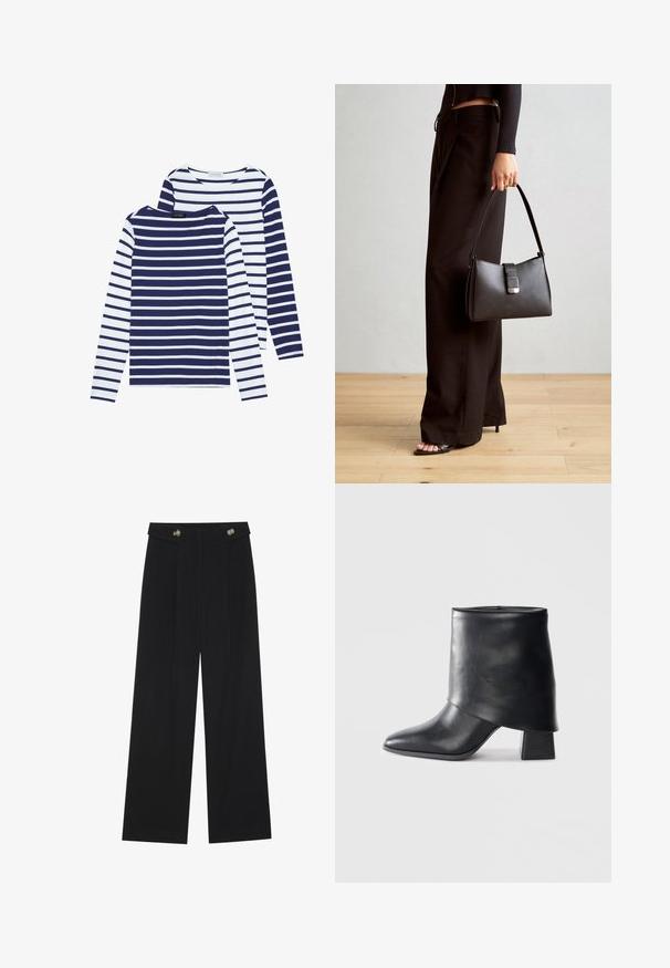 Two long-sleeve, round-neck shirts: one in navy and white stripes, the other in white with navy stripes. Cotton fabric, casual design.; Black wide-leg trousers with high waist, button details on waistband, and front pleats.; Black leather ankle boot with a pointed toe, smooth texture, and a structured block heel. Features a high, folded cuff design.; Black handbag with structured shape, smooth texture, and a metallic clasp. Paired with wide black pants and open-toe sandals on wooden floor.