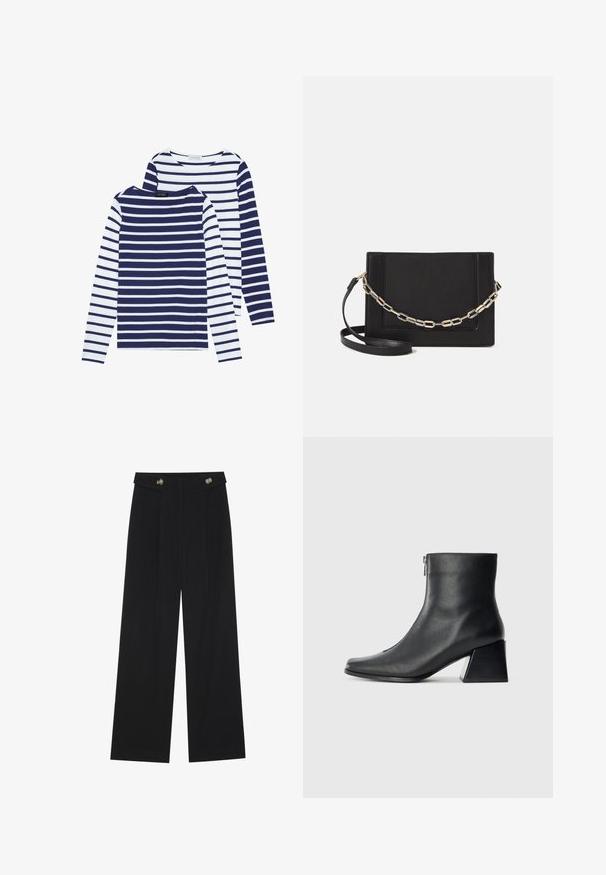 Two long-sleeve, round-neck shirts: one in navy and white stripes, the other in white with navy stripes. Cotton fabric, casual design.; Black wide-leg trousers with high waist, button details on waistband, and front pleats.; Black leather ankle boot with square toe, side zipper, and block heel against plain light background.; Black leather crossbody bag featuring a smooth texture, rectangular shape, and a metallic chain detail on the front. Adjustable strap included.