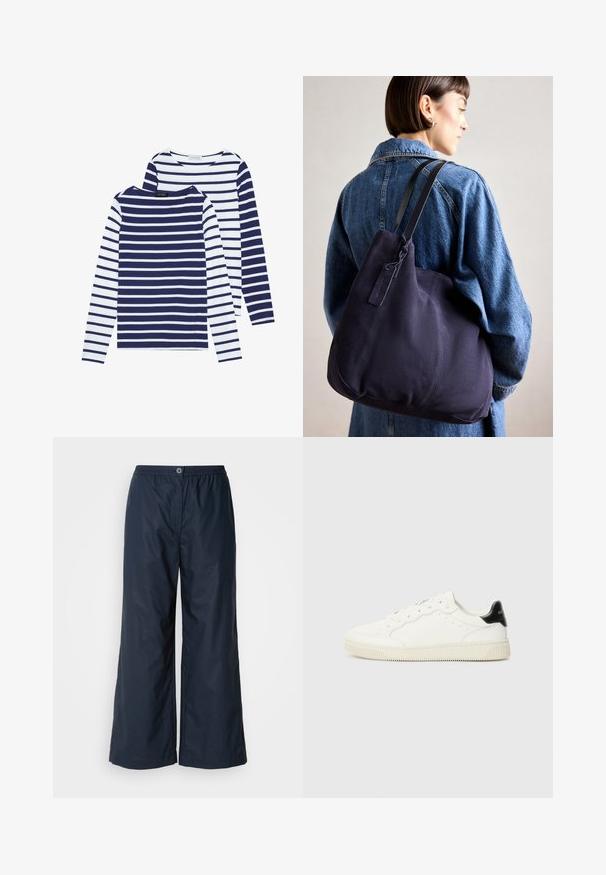 Kaks pikka varrukat, ümarate kaelustega särk: üks tumesinine ja valgete triipudega, teine valge tumesiniste triipudega. Puuvillane kangas, mugav disain.; Tumedate sinised laiad püksid, mis on valmistatud kergest kangast. Omavad elastset vöökoht ja esi-nuppude sulgemist. Sile tekstuur, minimalistlik disain.; Valged nahast tossud ümmarguste varvastega, lipsuga esiosa, perforatsioonidega detailid ja musta kanna aksent. Tekstuuriga kummist talla.; Tumesinise kangast õlalauk, millel on pehme, struktureeritud kuju, must rihm, tikandiga detailid ja väike brändi silt.