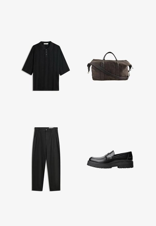 Black polo shirt with short sleeves, featuring a textured knit pattern, three-button placket, and a classic collar design.; Black cotton trousers with a relaxed fit, featuring a classic waistband, front pleats, and side pockets. Smooth texture without patterns.; Black leather loafer with chunky treaded sole and decorative strap across the upper, shown in left side profile on white background.; Dark brown suede duffel bag with leather handles and an adjustable shoulder strap, featuring a top zipper closure.