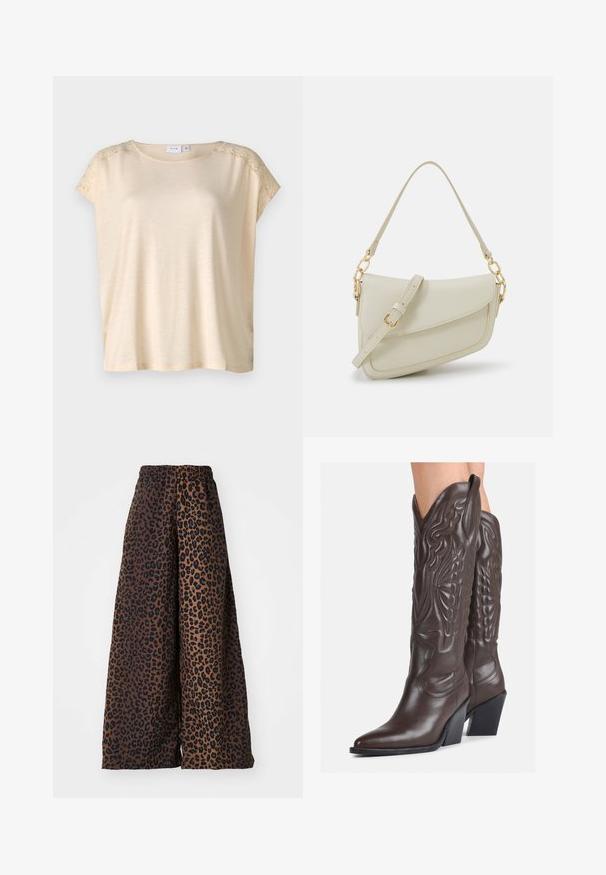 Béžový top s krátkým rukávem a kulatým výstřihem, s krajkovými detaily na ramenech. Měkká, lehká tkanina s mírně volným střihem.; Kalhoty s širokými nohavicemi z hladkého materiálu, s hnědým pozadím a černým leopardím vzorem, opatřeny elastickým pasem.; Hnědé kožené kovbojské boty s špičatou špičkou a blokovým podpatkem, se zdobným prošíváním a vyvýšenými akcenty na nárazu.; Malá krémová kabelka s texturovaným povrchem, dlouhým nastavitelným popruhem, řetízkovým akcentem a klopou. Ozdobné detaily zlaté barvy.; Stříbrné kruhové náušnice s točeným designem, se lesklým povrchem a uzávěrem na kolík. Průměr přibližně 3 cm.