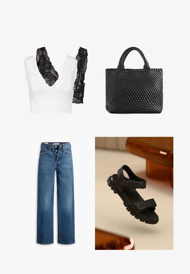 Csipkés bralette szett, fehér virágmintával és fekete párjával. Mindkettő v-nyakú és széles, részletes pántokkal rendelkezik.; Kék farmer nadrág, széles lábakkal, öt zsebbel, gombos záródással és kontrasztos varrással. Textúrált anyag, halványított felülettel.; Fekete bőr szandál két állítható pánttal, texturált talppal és merész, vastag dizájnnal. A pánton logó részlet található.; Fekete szőtt nagy táska két fogantyúval, amelynek texturált felülete és téglalap alakja van. Egyszerű, egyedi dizájn, látható hardver nélkül.