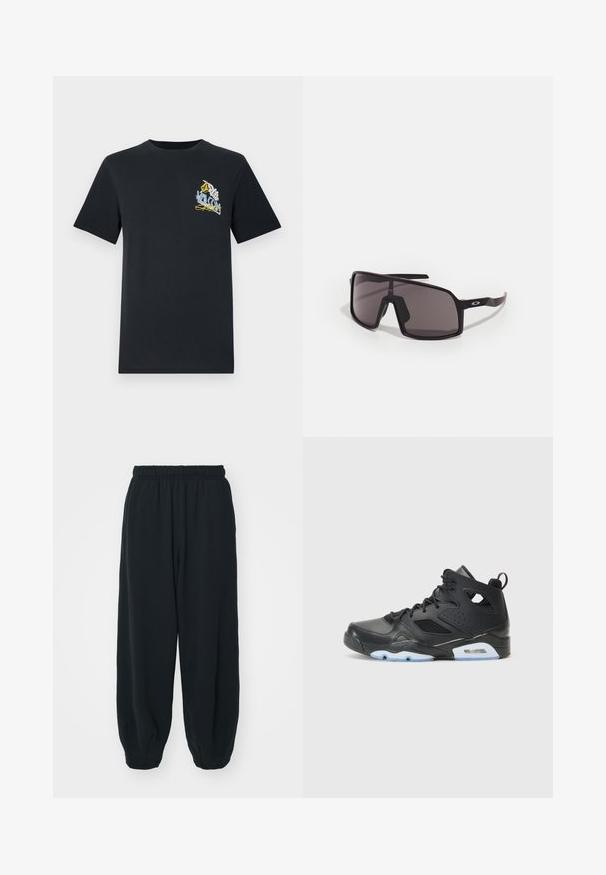Juodas medvilninis marškinėliai trumpomis rankovėmis, su ryškiu grafiniu piešiniu kairėje krūtinėje, įskaitant tekstą ir dizaino elementus.; Juodi, su elastiniu juosmeniu sportiniai kelnės su laisvu siluetu, suapvalintais kulkšnimis, lygia tekstūra ir be matomų raštų ar metalinių akcentų.; Juodi aukšti sportbačiai, pagaminti iš lygaus odos su tinklinėmis detalėmis. Yra tamsios raišteliai, balta vidurinė dalis su matoma oro sistema ir guminis padas.; Juodos stačiakampės saulės akinius su tamsiais stiklais, plačia rėmeliu ir plonomis juodomis kojelėmis. Ant smilkinių yra logotipas. Lygus paviršius.
