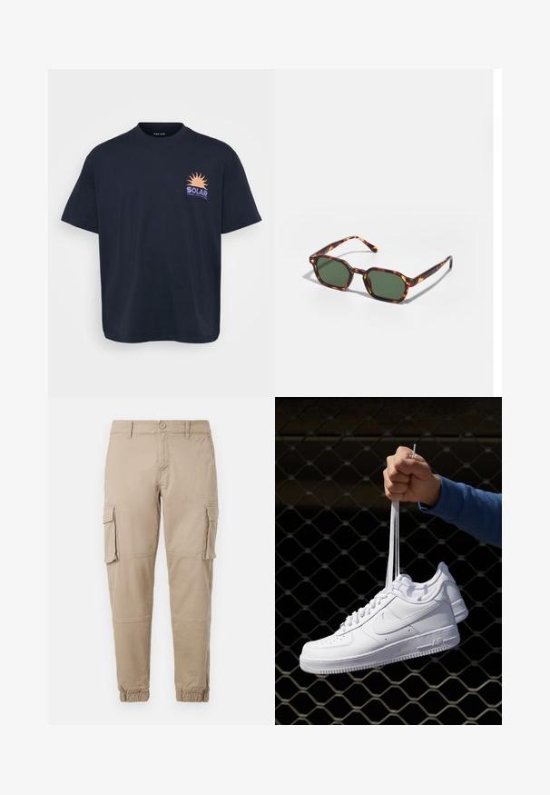Tricou din bumbac negru cu un grafic ce ilustrează un soare și textul "SOLAR" în nuanțe de portocaliu și mov. Mâneci scurte, guler rotund, croială lejeră.; Pantaloni cargo bej dintr-un material din bumbac ușor. Au manșete elastice, mai multe buzunare laterale și închidere cu buton.; Adidași albaștri din piele cu perforații, vârf rotund, talpă plată și șireturi groase, cu un logo swoosh vizibil și cu inscripția "AIR" pe toc.; Ochelari de soare cu montură broască țestoasă și lentile verzi, având o formă octogonală și brațe subțiri, curbate. Materialul are o finisare lucioasă.