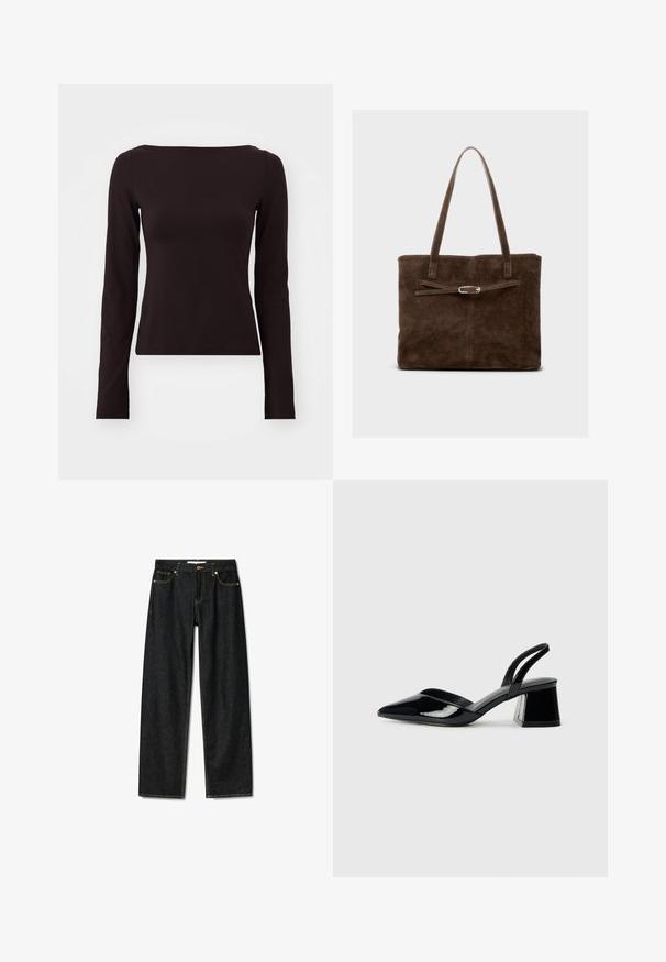 Dugmasti top u tamnosmeđem rastezljivom materijalu, s brojevima na izrezom i prilagođenom siluetom. Glatka tekstura bez vidljivih uzoraka.; Tamno plave traperice ravnog kroja, s mramornim zatvaračem od mesinga i kontrastnim žutim šavovima. Ima pet džepova i klasičan kroj.; Crne lakirane kožne sandale s otvorenom petom i špicastim vrhom, s geometrijskom blok petom. Imaju elegantan, minimalistički dizajn i glatku teksturu.; Smeđi antilop torba s dugim ručkama, s ravnim tijelom i dekorativnom trakom s detaljima od srebrnog toniranja.