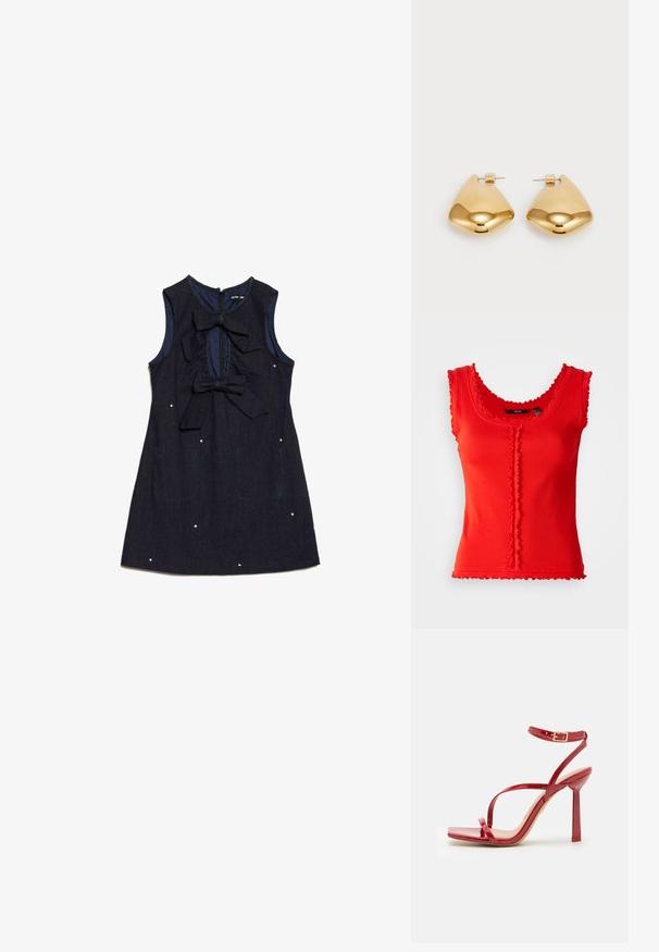 Červený žebrovaný top s krajkovými okraji, s kulatým výstřihem a centrálním knoflíkem. Materiál z bavlny s příměsí, dobře padnoucí střih.; Námořnické džíny šaty s bezramenným designem, dvěma velkými mašlemi vpředu a dekoračními bílými tečkami. Obsahuje zadní zip.; ALDO SCINTILLA - Sandály na vysokém podpatku - red; Červená kožená taška na rameno s hladkým povrchem, zakřiveným designem a dekorativní sponou. Nastavitelný popruh a zipové zapínání.; Náušnice z kovu ve zlatém tónu s hladkým, zaobleným trojúhelníkovým tvarem a designem na zadní upevnění; lesklý povrch s minimálními detaily.