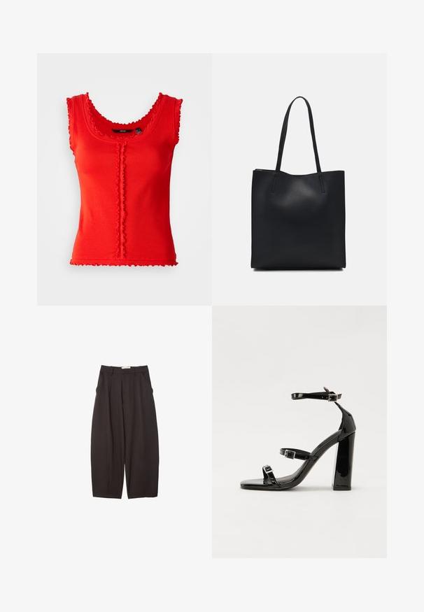 Red ribbed tank top with scalloped edges, featuring a scoop neckline and a central button detail. Cotton blend fabric, fitted shape.; Black wide-leg trousers made from a smooth fabric, featuring a high waist, front pleats, and side pockets. Simple design without embellishments.; Black patent heeled sandals with a square toe, ankle straps, and silver buckles. Features a chunky block heel for stability.; Black leather tote bag with smooth texture, rectangular shape, and two long handles. No visible hardware or embellishments.