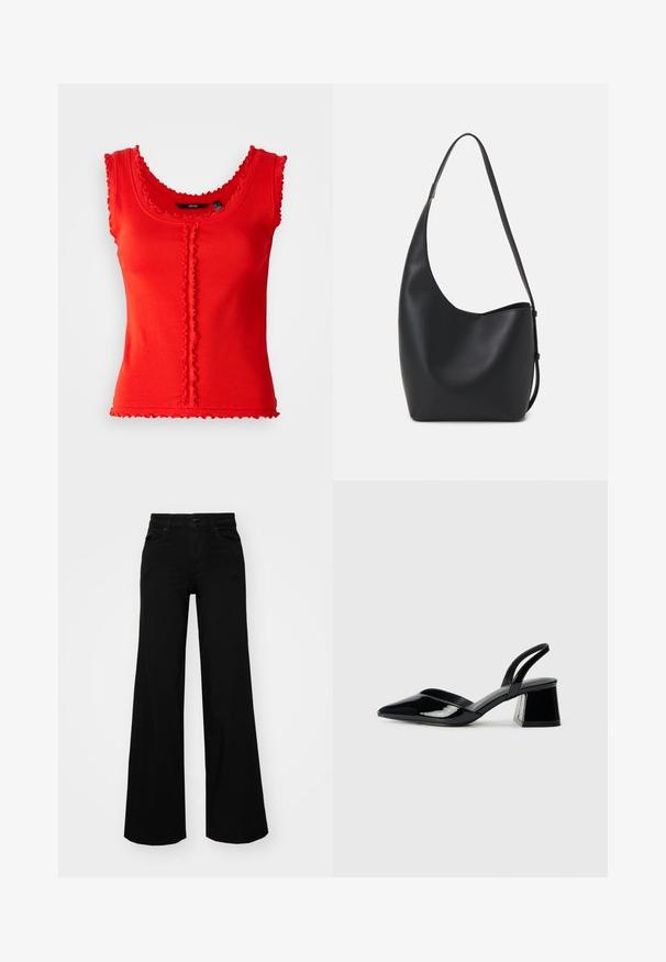 Red ribbed tank top with scalloped edges, featuring a scoop neckline and a central button detail. Cotton blend fabric, fitted shape.; Black wide-leg pants made of denim, featuring a structured waistband, belt loops, and front pockets. Smooth texture with a classic design.; Black patent leather slingback heels with a pointed toe and a geometric block heel. Features a sleek, minimal design and smooth texture.; Black leather hobo bag with a smooth texture, curved shape, and single adjustable strap; features a wide opening at the top.