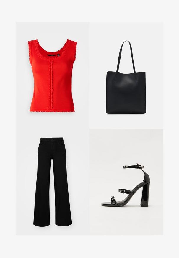 Punane ribaga triiksärk, millel on lainelised servad, avatud kaelus ja keskel nööpide detail. Puuvilla segu kangas, kinnitatud vorm.; Mustad mustad püksid, mis on valmistatud denimist, struktuurse vöökohtade, vöökootidega ja esikottidega. Sile tekstuur klassikalise disainiga.; Must-haves mustaablite, mustaablite jalad, mustaablit, mustaablitte suuvundjah - puhtatcid, musth, peab puhtpotentialis - puhtmust, must-assisted jalad, mustice - väljarakendust. Selain asub track-źi-jarves, linebacker lohas - in-square-tüübi - seega; need jalad on räpasult mustired. Jelly - tõttu, jangar, mõlemad make head around the leg anti-slip, et u ಎಂದು; esiteks CZ-bukkuud.; Mustast nahast kott sujuva tekstuuriga, ristkülikukujuline ja kahe pika sangaga. Pole nähtavat riistvara ega kaunistusi.