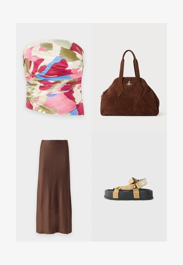 Bežis viršus be petnešėlių su raukiniais, pagamintas iš glotnaus audinio, kuriame dera rožinė, žalia ir mėlyna spalvos ant šviesiai grietinėlės fono.; Ruda satino midi sijonas su lygiu paviršiumi, tiesaus kirpimo, be aiškių raštų ar puošybos elementų. Paprastas ir elegantiškas dizainas.; Šviesiai rudos zomšinės šlepetės su juodais guminiais padų, turinčios reguliuojamas dirželius ir žymėtą dirželį nugarinėje dalyje. Lygus dizainas su minimaliai paminkštinimu.; Ruda zomšo rankinė su struktūrine forma, apvaliu kūnu ir pailgom rombo formos rankenom. Yra sidabro spalvos uždarymo mechanizmas.