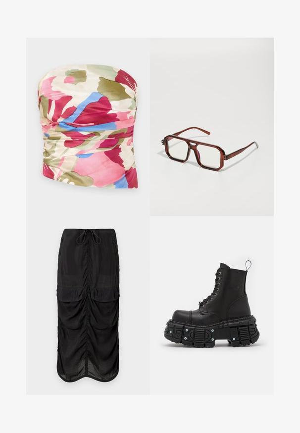 Stropfri blomster top med en rynket design, lavet af glat stof i lyserøde, grønne og blå nuancer med en lys cremefarvet baggrund.; Sort midiskørt lavet af letvægtsstof. Indeholder samlet detaljer, to forlommer og en justerbar talje med snore.; Sorte læderkampstøvler med høj skaft, snørelukning, kraftig gummisål og metalaccenter på sålens base.; Brune gennemsigtige oversized briller med rektangulære linser og slanke stænger. Skrå, let afrundede hjørner og synlige hardware-detaljer.; Sort blomsterchoker halskæde lavet af lagdelte kronblade, båret med en sort ribbet tanktop med sølv-accenter langs halsudskæringen og skuldrerne.