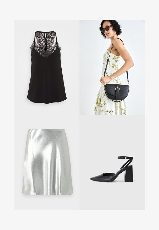 Melna kamizola ar mežģīņu detaļām V veida kakla izgriezumā un aizmugurē. Iekļauj regulējamus siksnas un gludu auduma tekstūru. Parastā piegriezuma.; Sudraba metāliska mini svārki ar gludu tekstūru un vieglu spīdumu. Raksturīgs izplešams dizains un vienkārša, tīra mala.; Melna ādas augstpapēžu kurpe ar norakstīto purngala formu, potītes siksniņu un masīlu papēdi. Gluda tekstūra, elegants dizains un minimālisma estētika.; Melnas ādas rokassoma ar izliekta formu, noņemamu siksnu un zelta aksesuāriem. Somai ir vāciņš ar sprādzes detaļu.