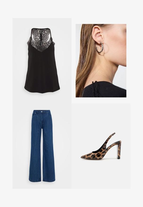 Čierna tielko s čipkovým detailom na výstrihu do V a na chrbte. Má nastaviteľné ramienka a hladkú textúru látky. Normálny strih.; Široké modré denimové džínsy s vysokým pásom, predným zapínaním na gombík a zips a prednými a zadnými vreckami na jednofarebnom pozadí.; Lodičky so slingback v leopardom vzore s ostrou špičkou a priehľadným blokovým podpätkom. Vyrobené z lesklého materiálu s hladkou textúrou.; Strieborná kruhová náušnica s lesklým povrchom, obsahujúca malé zlaté akcenty a okrúhly tvar, nosená na lalôčiku ucha.