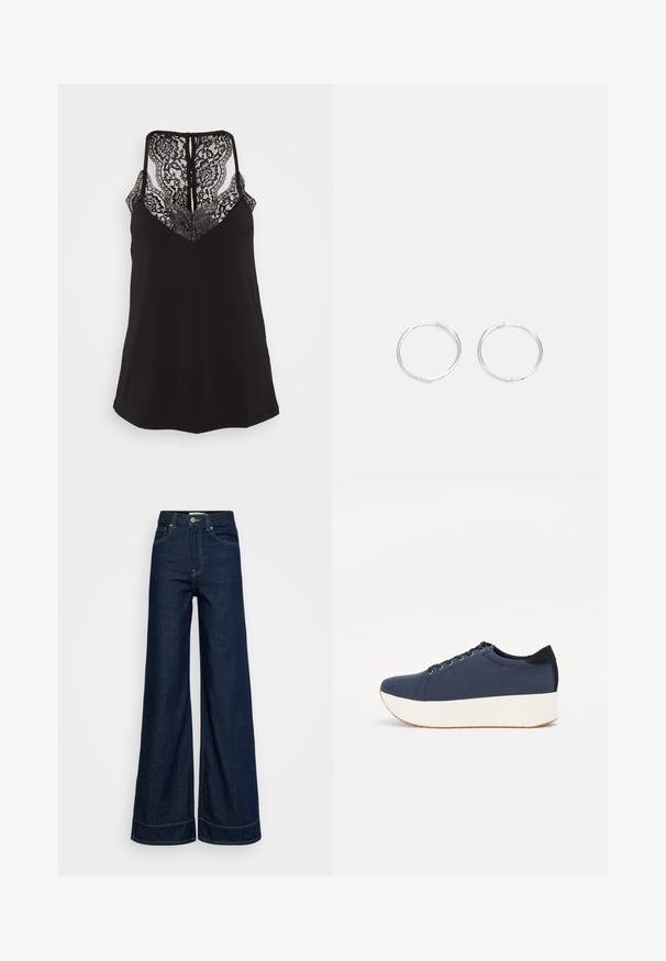 Čierna tielko s čipkovým detailom na výstrihu do V a na chrbte. Má nastaviteľné ramienka a hladkú textúru látky. Normálny strih.; Tmavomodré vysoké široké nohavice s vreckami vpredu, s pútkami na opasok, zapínaním na gombík a viditeľným šitím na bielom pozadí.; Námornícky modré tenisky s textúrovaným textilným zvrškom, bielou platformovou podrážkou, zaoblenou špičkou a čiernym akcentom na päte. Obsahujú šesť otvorov na šnúrky.; Strieborné kruhové náušnice s elegantným, okrúhlym dizajnom, s hladkým povrchom a bez viditeľných ozdôb. Priemer nie je špecifikovaný.