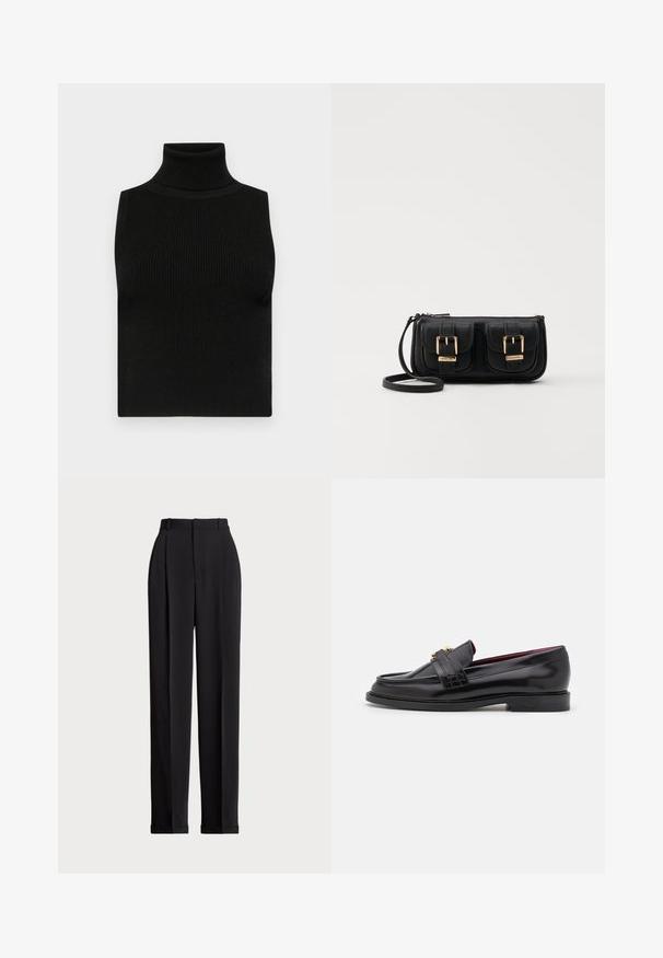 Czarna, bezrękawnikowa bluzka w stylu golfu z prążkowaną teksturą i dopasowanym krojem. Gładki materiał z wysokim kołnierzem i bez dodatkowych zdobień.; Czarne dopasowane spodnie z wysokim stanem, z kantami z przodu, prostą nogawką i mankietem na dole. Wykonane z gładkiego materiału.; Czarne skórzane mokasyny z przeszywanym wzorem, gładką teksturą, złotym zapięciem i zaokrąglonym czubkiem, osadzone na niskiej czarnej podeszwie.; Czarna skórzana torba na ramię z dwoma przednimi kieszeniami, złotymi klamrami, zamkiem błyskawicznym i cienkim paskiem. Teksturowana powierzchnia i kompaktowy prostokątny kształt.