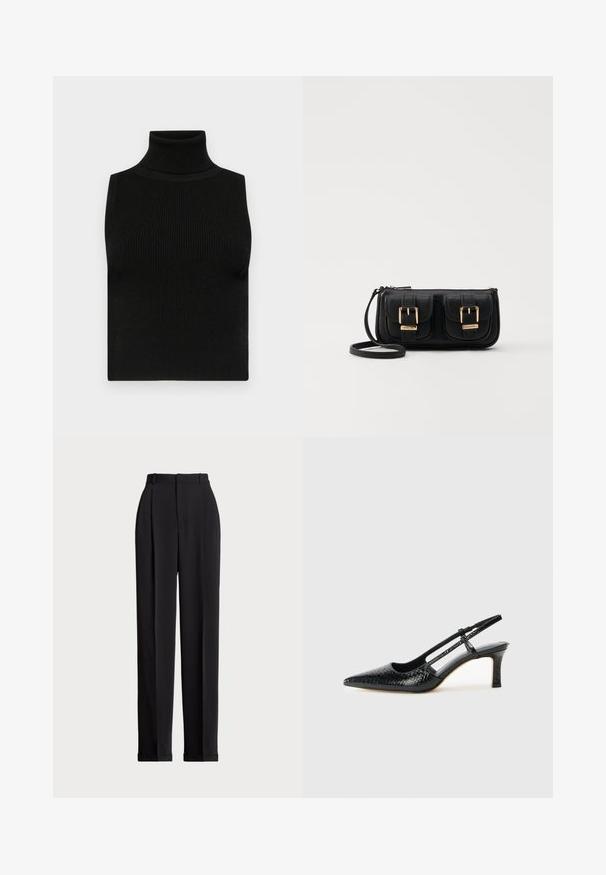 Schwarzes ärmelloses Turtleneck-Oberteil mit gerippter Textur und figurbetonter Passform. Glatter Stoff mit hohem Kragen und ohne zusätzliche Verzierungen.; Schwarze, taillierte Hose mit hoher Taille, mit Falten vorne, geradem Bein-Design und umgeschlagenem Saum. Aus glattem Stoff gefertigt.; Schwarze Lack-Slingback-Pumps mit spitzem Zehenbereich, versehen mit strukturiertem Schlangenprint, verstellbarem Riemen und einem kurzen, strukturierten Blockabsatz.; Schwarze Leder-Umhängetasche mit zwei vorderen Taschen, goldenen Schnallen, Reißverschluss und einem schmalen Tragegurt. Texturierte Oberfläche und kompakte rechteckige Form.