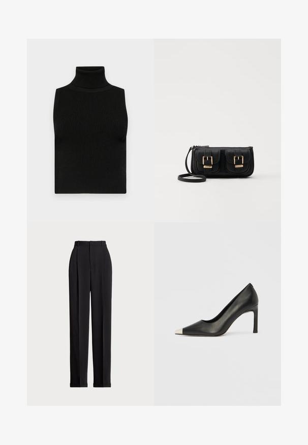 Haut sans manches noir avec col roulé, texture côtelée et coupe ajustée. Tissu lisse avec un col haut et sans embellissements supplémentaires.; Pantalons noirs ajustés à taille haute, dotés de plis à l'avant, d'une coupe droite et d'un ourlet à revers. Fabriqués en tissu lisse.; Chaussure à talon haut en cuir noir avec bout pointu et capuchon argenté métallique. Présente une finition lisse et un talon fin de 10 cm.; Sac en cuir noir porté en travers avec deux poches avant, boucles dorées, fermeture zippée et une sangle fine. Surface texturée et forme rectangulaire compacte.