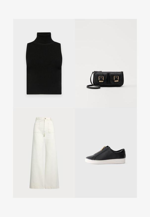 Top sin mangas negro de cuello alto con textura acanalada y diseño ajustado. Tejido suave con un cuello alto y sin adornos adicionales.; Jeans de pierna ancha en denim color blanco roto. Diseño de cintura alta con cierre de botón, dos bolsillos frontales y detalles de costura en contraste.; Zapatilla de cuero negra de corte bajo con suela blanca y cierre de cremallera dorada, vista lateral, estilo minimalista sobre fondo liso.; Bolso cruzado de cuero negro con dos bolsillos frontales, hebillas doradas, cierre de cremallera y una correa delgada. Superficie texturizada y forma rectangular compacta.