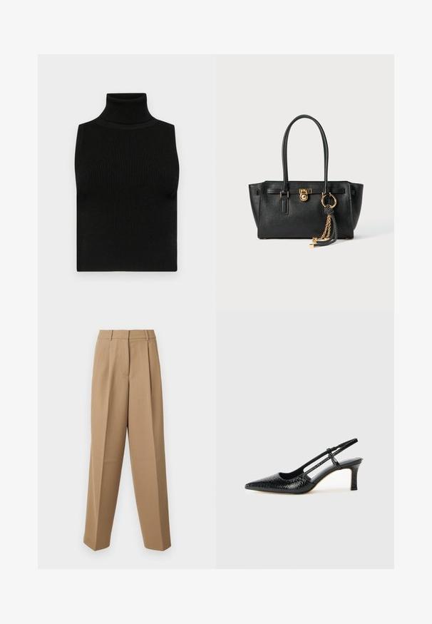 Schwarzes ärmelloses Turtleneck-Oberteil mit gerippter Textur und figurbetonter Passform. Glatter Stoff mit hohem Kragen und ohne zusätzliche Verzierungen.; Beige maßgeschneiderte Hose mit hoher Taille, gefaltetem Vorderteil und weitem Bein. Der Stoff wirkt glatt mit einem leichten Glanz.; Schwarze Lack-Slingback-Pumps mit spitzem Zehenbereich, versehen mit strukturiertem Schlangenprint, verstellbarem Riemen und einem kurzen, strukturierten Blockabsatz.; Schwarze Lederhandtasche mit doppelten Griffen, goldfarbener Verschluss- und Kettendetails sowie einem schwarz-weißen Quastenaccessoire vor weißem Hintergrund.