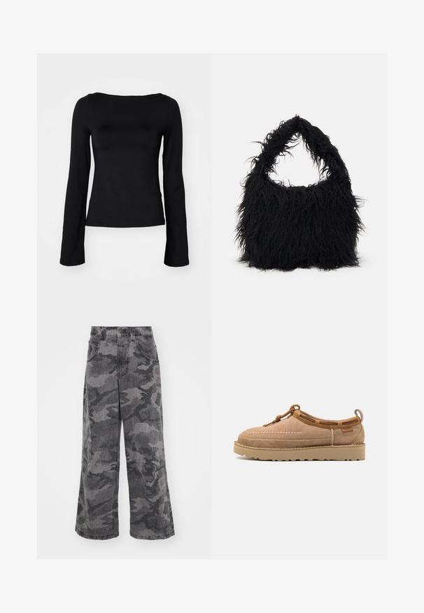 Black long-sleeve top made of stretchy fabric. Features a boat neckline and a fitted silhouette with seamless cuffs.; Wide-leg camouflage jeans in shades of gray, made of denim, featuring two side pockets and a high waist design. Textured fabric with a printed pattern.; Light brown suede slip-on shoe with a rounded toe, featuring decorative stitching, leather accents, and a rubber sole.; Even&Odd Tote bag - black