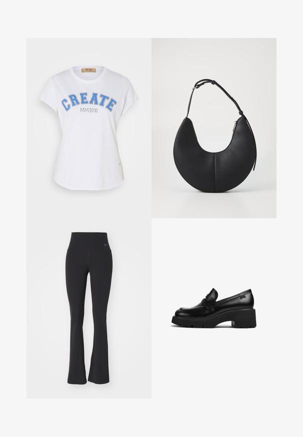 Tricou alb din bumbac cu guler rotund, mâneci scurte și text grafic albastru "CREATE" cu "MIM 2010" dedesubt. Detaliu cu hem curbat.; Pantaloni de yoga negri cu talie înaltă, fabricați dintr-un material elastic. Au un design evazat și un mic logo Nike pe talie.; Loafer din piele neagră cu toc gros, având o talpă groasă și un detaliu cu curea în partea de sus, prezentat din lateral pe un fundal alb.; Geantă de mână din piele neagră în formă de semilună, cu o textură netedă, o singură curea ajustabilă și închidere cu fermoar pe partea laterală.