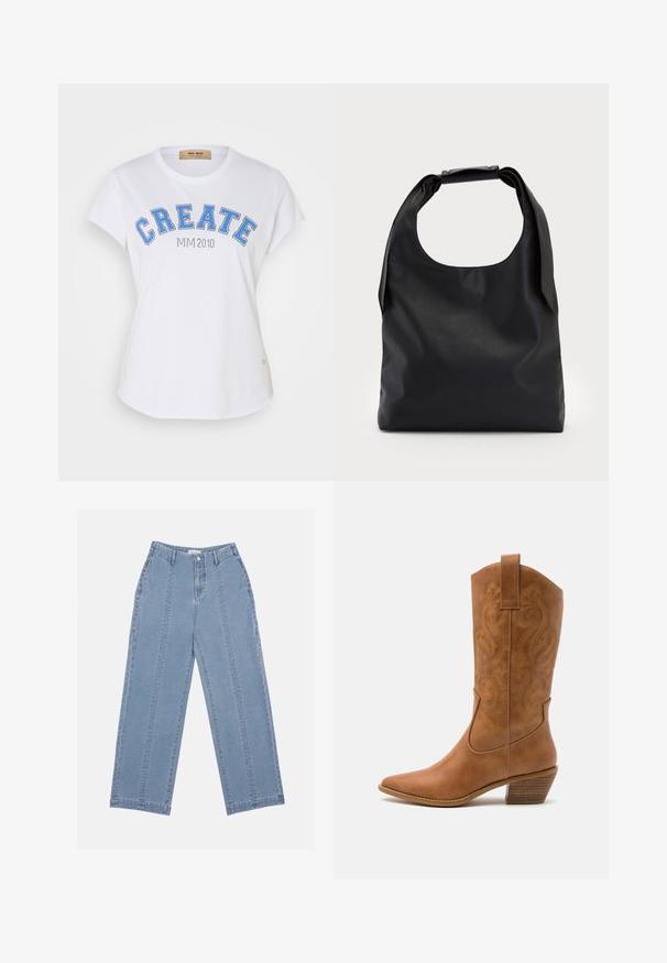 Hvit bomull T-skjorte med rund hals, korte ermer og blå grafisk tekst "CREATE" med "MIM 2010" under. Buet hem.; Lys blå vide jeans laget av denim. Har høy livlinje, knapplukking og synlige sømmer. Ingen lommer er synlige foran.; Brune lær cowboy støvel med spiss tå, broderte svirvlende mønstre på skaftet og en stablet blokk hæl. Har en trekksløyfe for enkel påkledning.; Svart skinn hobo-veske med et enkelt, mykt, avrundet håndtak; har en jevn tekstur og et minimalistisk design. Ingen synlig maskinvare eller aksenter.