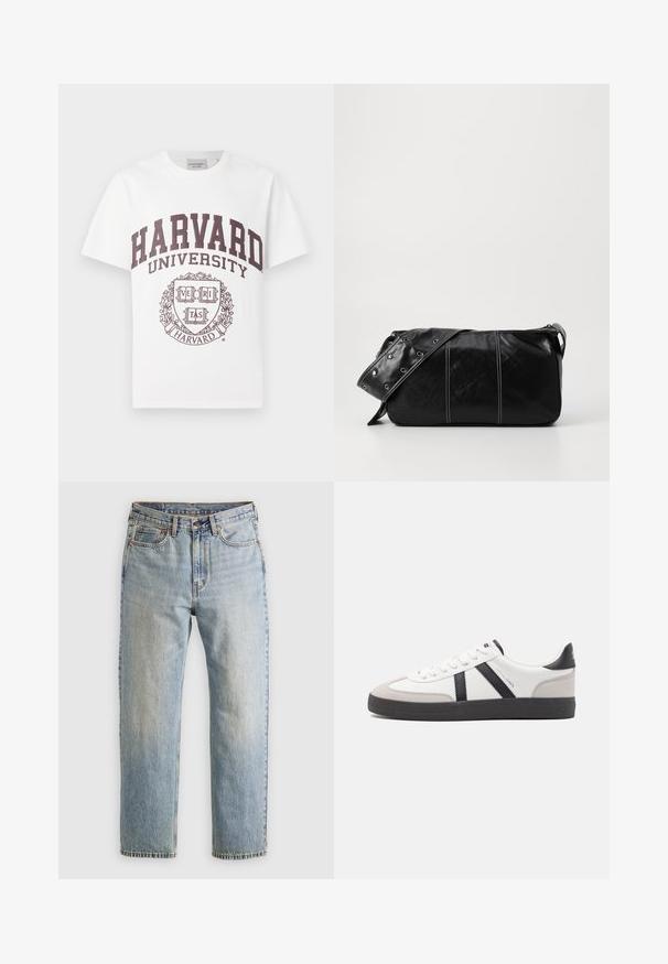 Hvid bomulds t-shirt med maroon "HARVARD UNIVERSITY" tekst og et centralt emblem med ordet "VERITAS" i et skjold design.; Lysblå denim jeans med høj talje, frontknap, lynlås og fem-lomme design, lagt fladt på en neutral baggrund.; Hvide sneakers med sorte og grå detaljer, med en tekstureret grå tåhætte, sort gummisål og flade hvide snørebånd. Rent design, minimalistisk stil.; Sort læder skuldertaske med lynlås, der har en tekstureret overflade, hvid syning og en rem med sølvøskner.