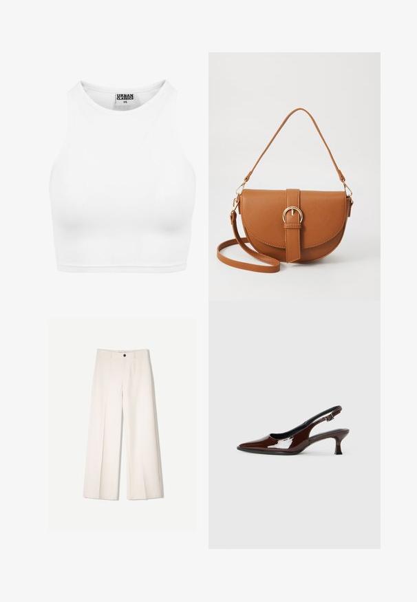 Bela rebrasta kratka majica z visokim ovratnikom in brez rokavov. Narejena iz mehkega, elastičnega materiala za udoben fit.; Kremne široke hlače s krojem, ki vključujejo dve sprednji žepi in en sprednji gumb za zapiranje, izdelane iz gladkega blaga.; Rjavi lakirani slingback čevelj z ostro konico in zmerno peto. Ima zaponko za varno prileganje. Gladka tekstura.; Rjava usnjena torbica prek telesa s ukrivljeno obliko, zlate opreme in sponko. Ima odstranljiv naramni trak.