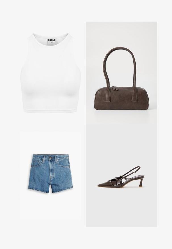 Bjela rebrasta kratka majica s visokim izrezom i bez rukava. Izrađena od mekanog, elastičnog materijala za udoban fit.; Traper šorts u svijetloplavoj boji, sa pet džepova, rajsferšlusom i kopčanjem na dugme. Rubovi su pohabani, a dizajn je opušten.; Smeđe patent kožne slingback cipele s uskim vrhom, podesivim trakama i dekorativnim kopčama sprijeda. Visina potpetice od 3 inča.; Smeđa kožna torba s dvije čvrste ručke, pravokutnog oblika, glatke teksture i zatvaranjem na zatvarač. Minimalistički dizajn bez vidljivih uzoraka.