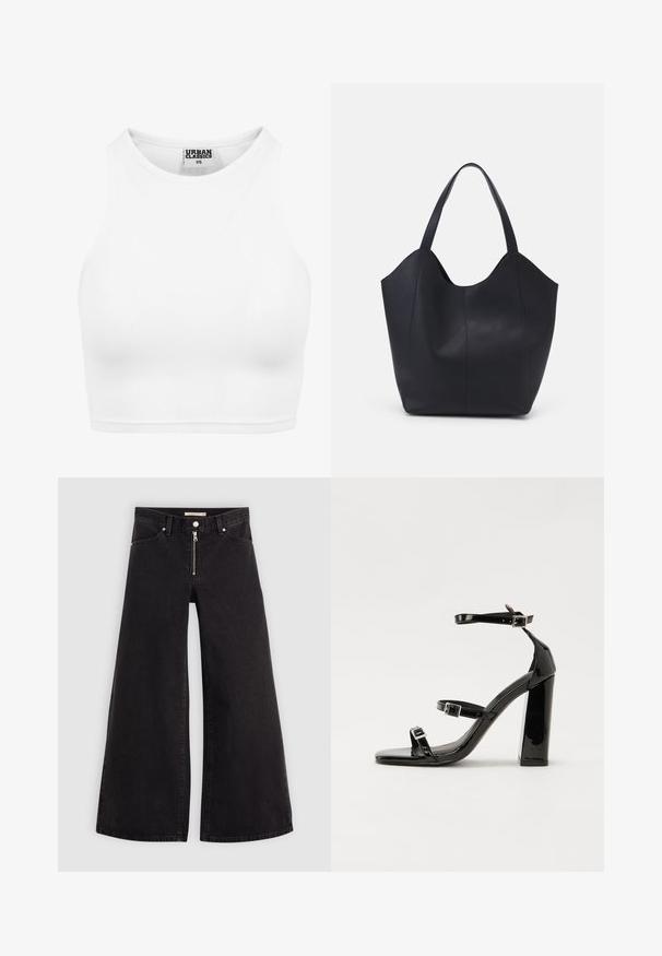 Hvit ribbet crop-top med høy hals og ermeles design. Laget av mykt, elastisk stoff for en behagelig passform.; Vide benbukser i sort denim med glidelås i front, fem-lomme design og subtile sømdetaljer. Glatt tekstur og avslappet stil.; Svart høyglans sandaler med hæl, firkantet tå, ankelremmer og sølvspenner. Har en kraftig blokkhæl for stabilitet.; Svart tote-veske laget av glatt lær, med en buet, åpen topp og to skulderstropper, samt et minimalistisk design.