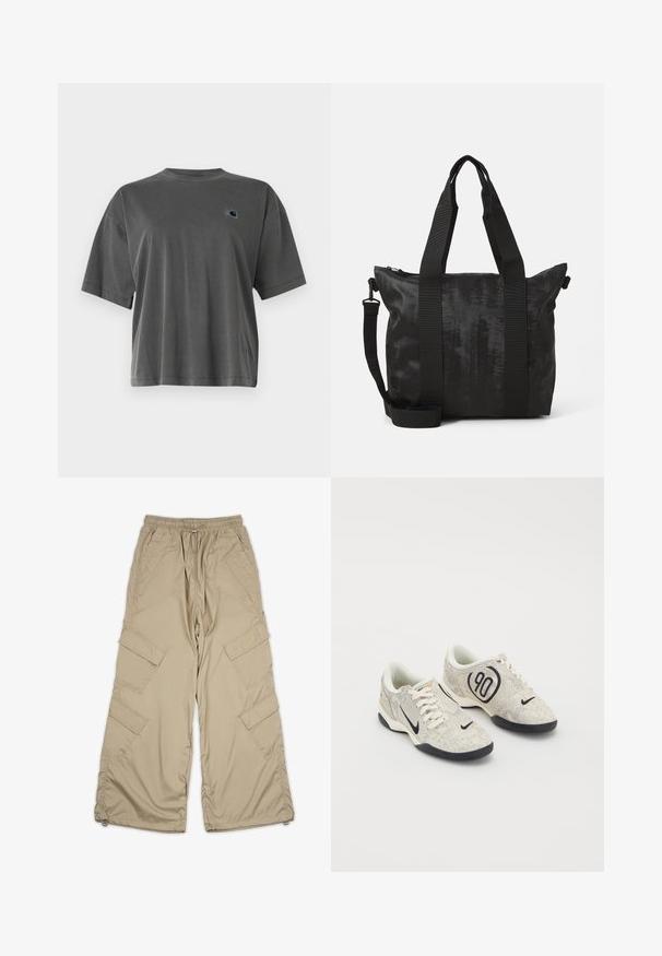 Szürke pamut póló, kerek nyakkivágással és rövid ujjakkal. A bal mellkas területén egy kis, kontrasztos színű logófolt található.; Beige cargo nadrág, állítható derékkal, több oldalsó zsebbel és laza szabással. Könnyű, sima anyagból készült, varrási részletekkel.; Nike sneaker bézs és szürke textúrával ellátott felsőrésszel, fekete kiegészítőkkel, egy nagy "90" logóval és fehér fűzős záródással. Fekete talp.; Fekete tote táska texturált anyagból, dupla felső fogantyúval és levehető vállpánttal. Zippzáras záródással biztosítja a biztonságos tárolást.