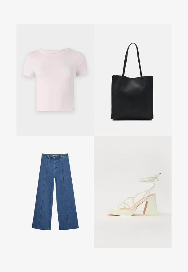 Rosa Baumwoll-T-Shirt mit kurzen Ärmeln, rundem Ausschnitt und lässiger Passform. Glatte Textur und einfaches Design, geeignet für Freizeitkleidung.; Weite Jeans aus Denim in Mittelblau, mit hoher Taille, Knopfverschluss und kontrastierenden vertikalen Nahtdetails an der Vorderseite.; Weiße High-Heel-Sandale mit einem klobigen Absatz, die über ein Riemchendesign und ein Knöchelband verfügt. Glatte Textur mit einer Plattform vorne für zusätzliche Höhe.; Schwarze Laptoptasche aus Leder mit glatter Textur, rechteckiger Form und zwei langen Griffen. Keine sichtbaren Beschläge oder Verzierungen.
