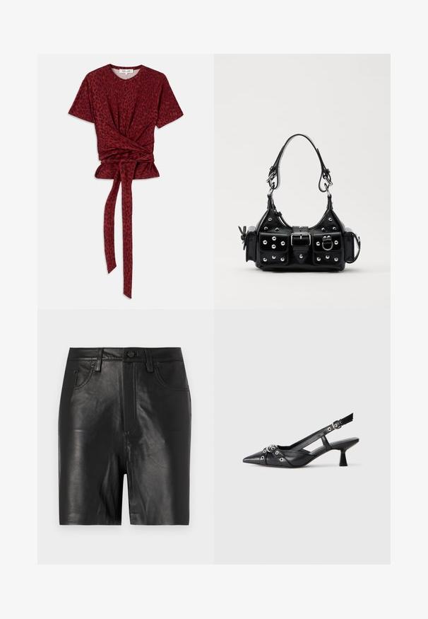 Sarkana leoparda raksta T-krekls ar noapaļotu kakla izgriezumu, īsām piedurknēm un sasietu vidusdaļu; izgatavots no mīksta, strukturēta auduma.; Melnas ādas šorti ar gludu tekstūru, aprīkoti ar priekšējo rāvējslēdzēju, pogu aizdari un klasisko piecu kabatu dizainu.; Melnas ādas šlipsveida kurpes ar norādītu purngalu, dekoratīvām joslām ar metāla acīm un zemu bloku papēdi. Teksturēta virsma.; Melnas ādas rokturmais ar izliekumu, ar sudraba iedurtiem, sprādzi un divām sānu kabatām. Regulējams siksniņas garums dažādām nēsāšanas iespējām.