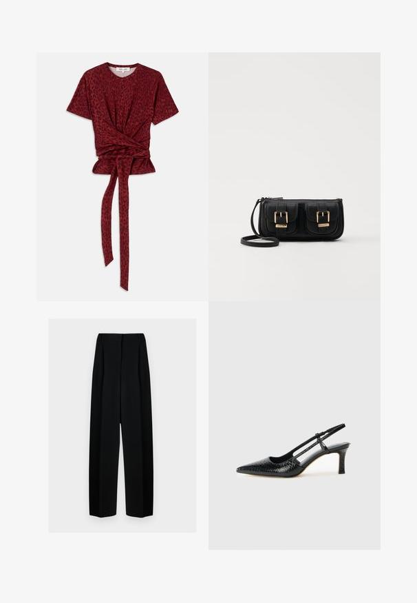 Red leopard print T-shirt with a rounded neckline, short sleeves, and a knotted waist detail; made from soft, textured fabric.; Black wide-leg trousers with a high waist, featuring pleats and a smooth texture. The fabric appears lightweight and drapes elegantly.; Black patent slingback heel with a pointed toe, featuring textured snake print, adjustable strap, and a short, textured block heel.; Black leather crossbody bag with two front pockets, gold buckles, zipper closure, and a slim strap. Textured surface and compact rectangular shape.