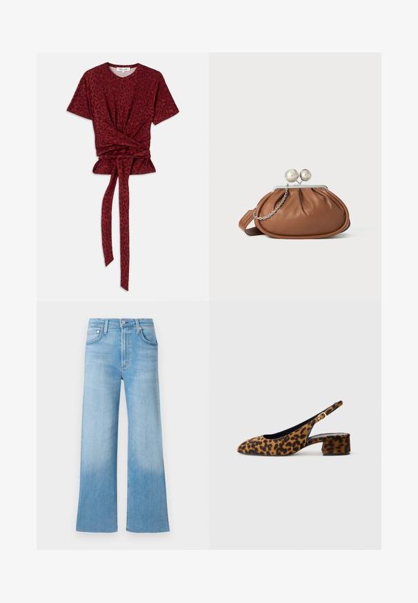 Red leopard print T-shirt with a rounded neckline, short sleeves, and a knotted waist detail; made from soft, textured fabric.; Light blue denim wide-leg jeans with a faded texture, high waist, and traditional five-pocket design. Metal button and zip fly closure.; Women's leopard print slingback shoe with low block heel and gold buckle on side strap, shown in side profile on plain background.; Brown leather clutch purse with silver ball clasp and a small silver chain detail on a white background.