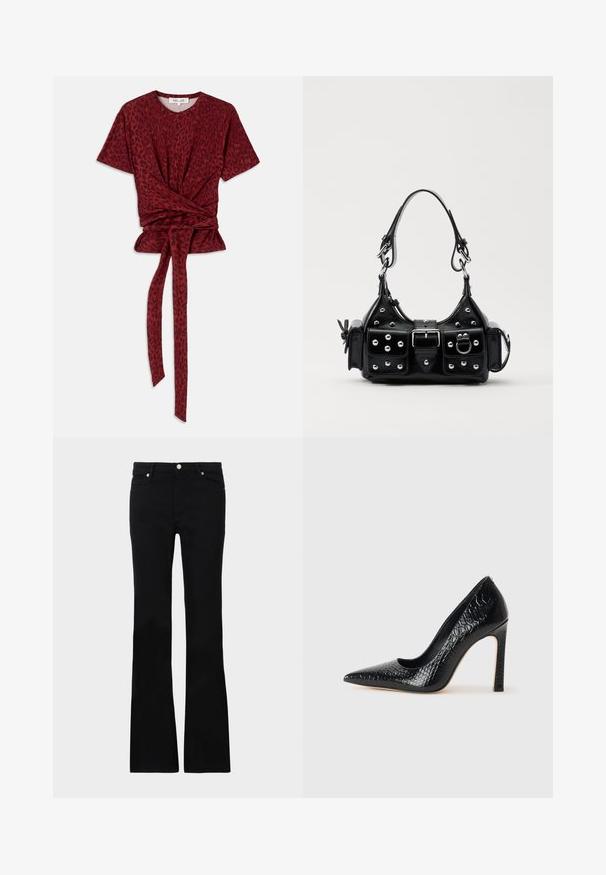 Rotes Leopardenmuster T-Shirt mit rundem Ausschnitt, kurzen Ärmeln und geknotetem Taillendetail; aus weichem, strukturiertem Material hergestellt.; Schwarze, ausgestellte Jeans aus Denim, ausgestattet mit zwei Fronttaschen, einem Knopfverschluss und einer glatten Oberfläche. Signatur-Nähte an den Nähten sichtbar.; Schwarzer, spitz zulaufender High Heel mit Krokodilleder-Struktur, elegantem Design, hohem Stiletto-Absatz und glattem schwarzen Innenraum.; Schwarze Lederhandtasche mit einem geschwungenen Design, verziert mit silbernen Nieten, einer Schnalle und zwei seitlichen Taschen. Verstellbarer Träger für verschiedene Tragemöglichkeiten.
