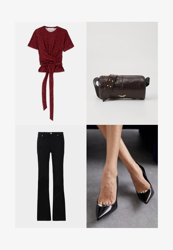 Piros leopárdmintás póló kerek nyakkivágással, rövid ujjakkal és csomós derékrésszel; puha, texturált anyagból készült.; Fekete, bővülő szárú farmernadrág, két elülső zsebből áll, gombos záródással és sima textúrával rendelkezik. A varrásoknál látható a jellegzetes öltés.; Fekete bőrből készült magassarkú cipők, hegyes orral és nyitott kialakítással, dísz ezüst kiegészítővel. Simává polírozott textúrával.; Barna krokodilbőr hatású bőr táska henger alakú, arany tónusú fémveretekkel és lecsatolható, szegecsekkel díszített pánttal.