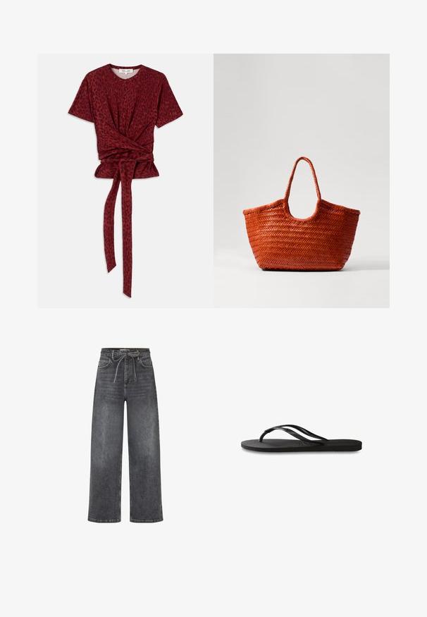 Rotes Leopardenmuster T-Shirt mit rundem Ausschnitt, kurzen Ärmeln und geknotetem Taillendetail; aus weichem, strukturiertem Material hergestellt.; Hoch-taillierte, weit geschnittene schwarze Denim-Jeans mit Fronttaschen und einem Stoffgürtel, der in einer Schleife um die Taille gebunden ist.; Schwarze Flip-Flops mit einer strukturierten Gummisohle, zwei schlanken Riemen und einem dezenten, geprägten Logo-Detail auf dem Riemen.; DRAGON DIFFUSION NANTUCKET BASKET BIG - Handtasche - naranja