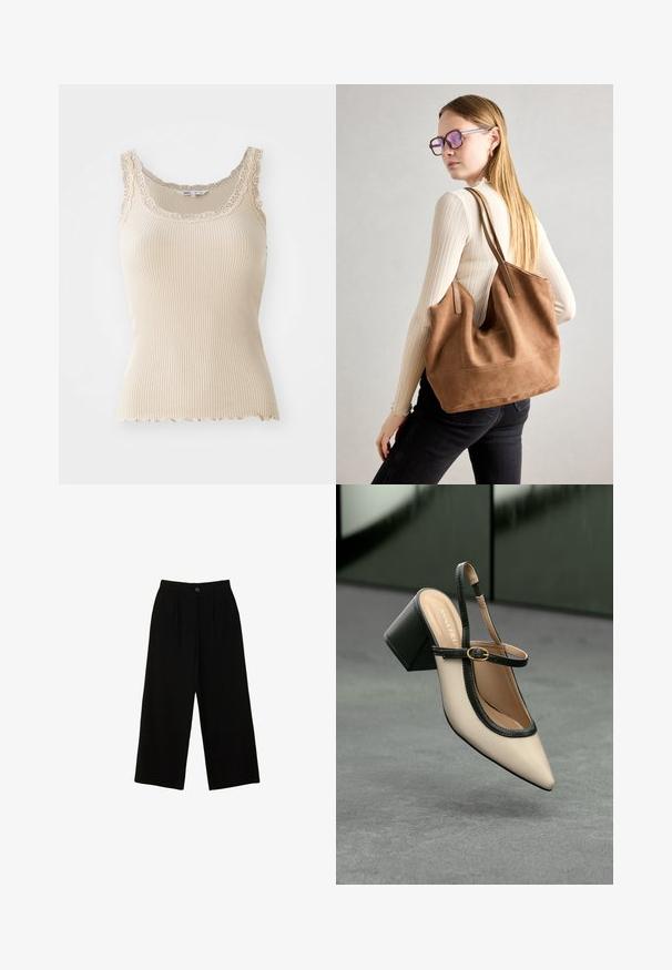 Béžový žebrovaný top bez rukávů s krajkovým lemem kolem výstřihu a ramínek. Detail vlnkovaného lemu, vyrobený z jemného materiálu pro pohodlí.; Černé široké kalhoty vyrobené z hladkého materiálu, s vysokým pasem, předními sklady a jedním zapínáním na knoflík.; Beige boty s špičatou špičkou a otevřenou patou, černými detaily, zlatou přezkou a silným blokovým podpatkem, na šedé podlaze s tmavě zeleným pozadím.; Hnědá semišová taška přes rameno se soft-touch texturou, velkým otvorem a dlouhými popruhy. Disponuje jednoduchým designem s viditelným šitím a bez kovových prvků.