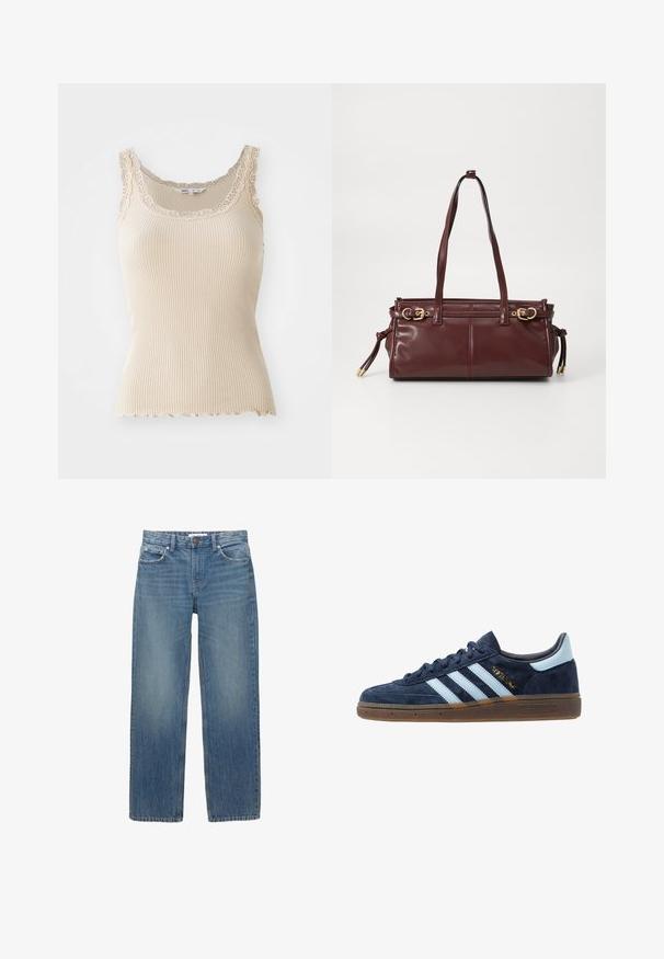 Top a canotta beige a costine con bordo in pizzo lungo il collo e le spalline. Dettaglio a pois sul fondo, realizzato in tessuto morbido per il comfort.; Jeans in denim azzurro chiaro con taglio dritto, cinque tasche e accessori in tonalità rame. Il tessuto presenta una leggera scoloritura e una texture liscia.; Sneaker Adidas in suede blu navy con strisce azzurre, suola in gomma, linguetta sul tallone azzurra e logo dorato "Spezial" sul lato.; Borsa a tracolla in pelle bordeaux con due manici, hardware dorato e chiusura con zip. Presenta una texture liscia e dettagli di cucitura sottili.