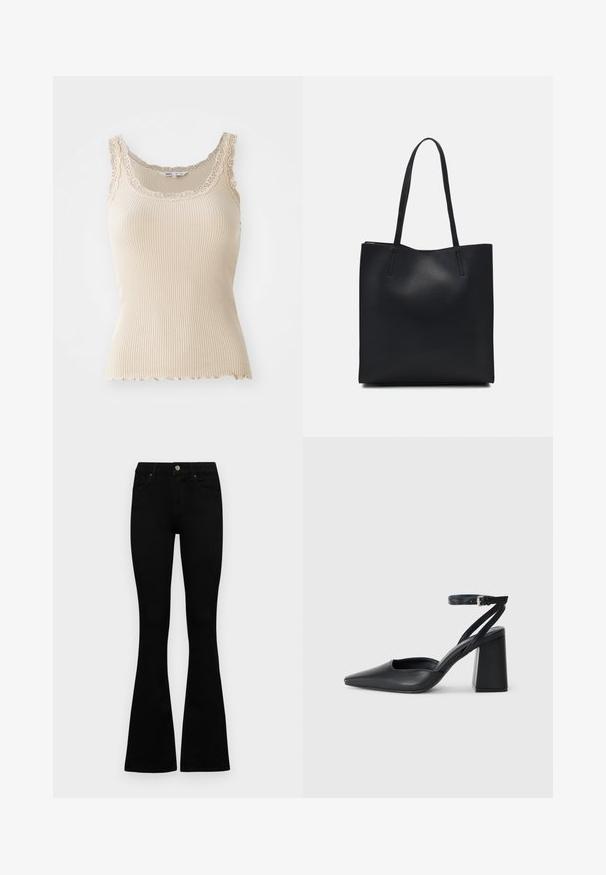 Beige ribbet tank top med spissdetaljer langs halsen og stroppene. Scallop-kantdetalj, laget av myk teksturert stoff for komfort.; Sorte høytlivsjeans med knapp og glidelås, frontlommer og utsvingte bein liggende flatt på en hvit bakgrunn.; Svart lær pumps med spiss tå, ankelrem og kraftig hæl. Flat tekstur, strømlinjeformet design og minimalisme.; Svart lær tote bag med glatt tekstur, rektangulær form og to lange håndtak. Ingen synlige deler eller dekorasjoner.