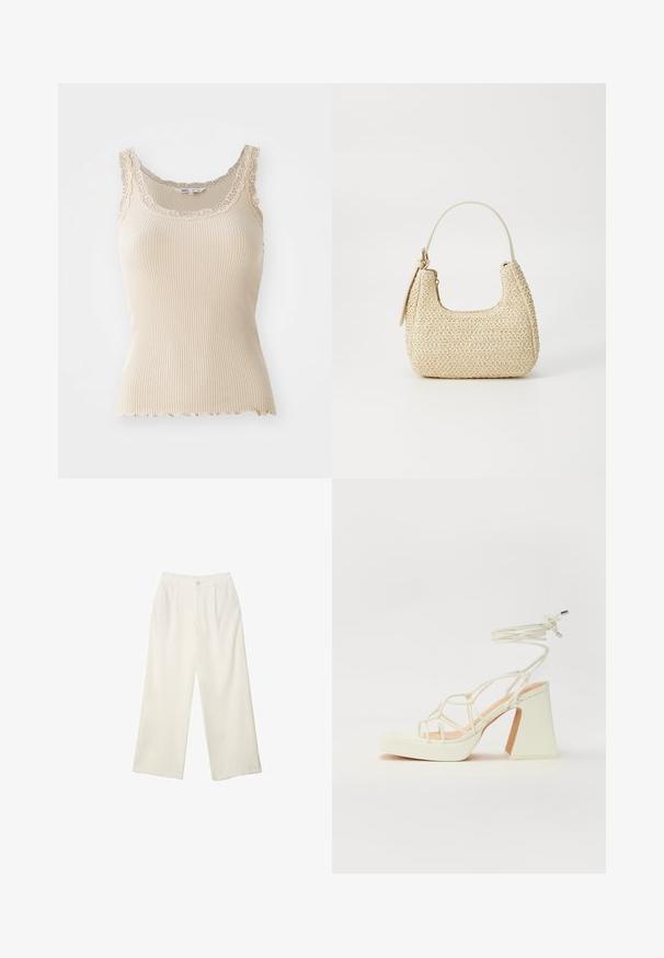 Top a canotta beige a costine con bordo in pizzo lungo il collo e le spalline. Dettaglio a pois sul fondo, realizzato in tessuto morbido per il comfort.; Pantaloni a gamba larga in tessuto crema con una texture liscia, caratterizzati da un singolo bottone frontale, pieghe sottili e un design a vita alta.; Sandalo bianco con tacco alto, caratterizzato da un design a cinturini e un legaccio alla caviglia. Texture liscia con una piattaforma frontale per un'altezza aggiuntiva.; Borsa a tracolla intrecciata in paglia di colore beige, con una forma curva, manico corto e zip laterale. Presenta una superficie texturizzata e un design minimalista.